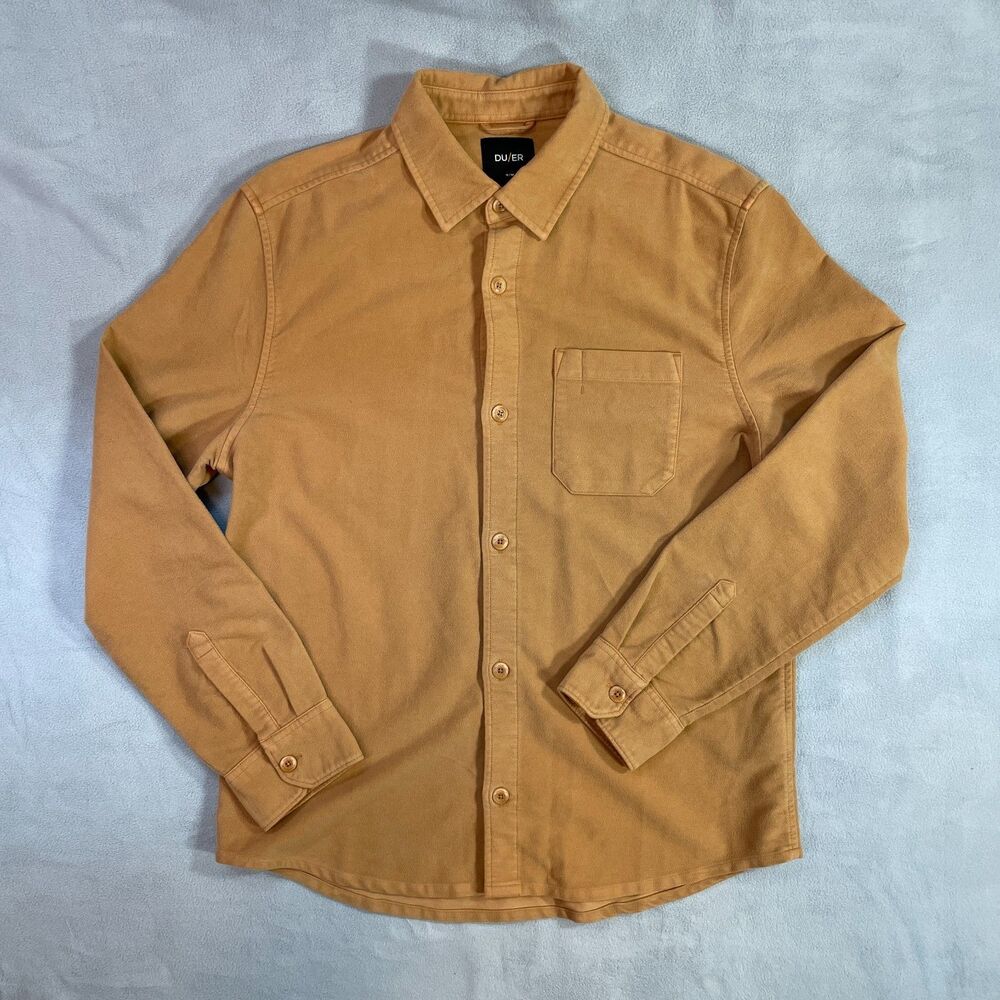 DUER Shirt Mens Medium No Sweat Moleskin Long Sleeve Button Front Tencel Tan